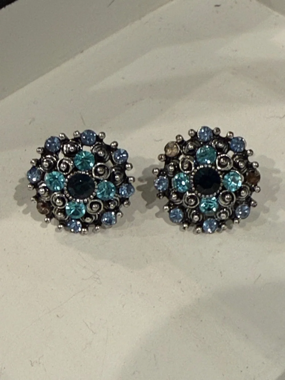 Vintage Blue Crystal Cluster Stud Earrings
